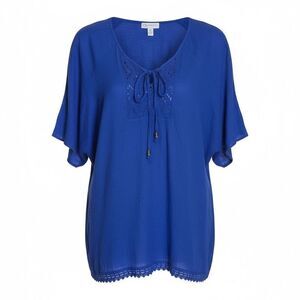 Db Established 1962 Crochet Lace Tie Neck Short Sleeve Gauze Top Blue Size 1X